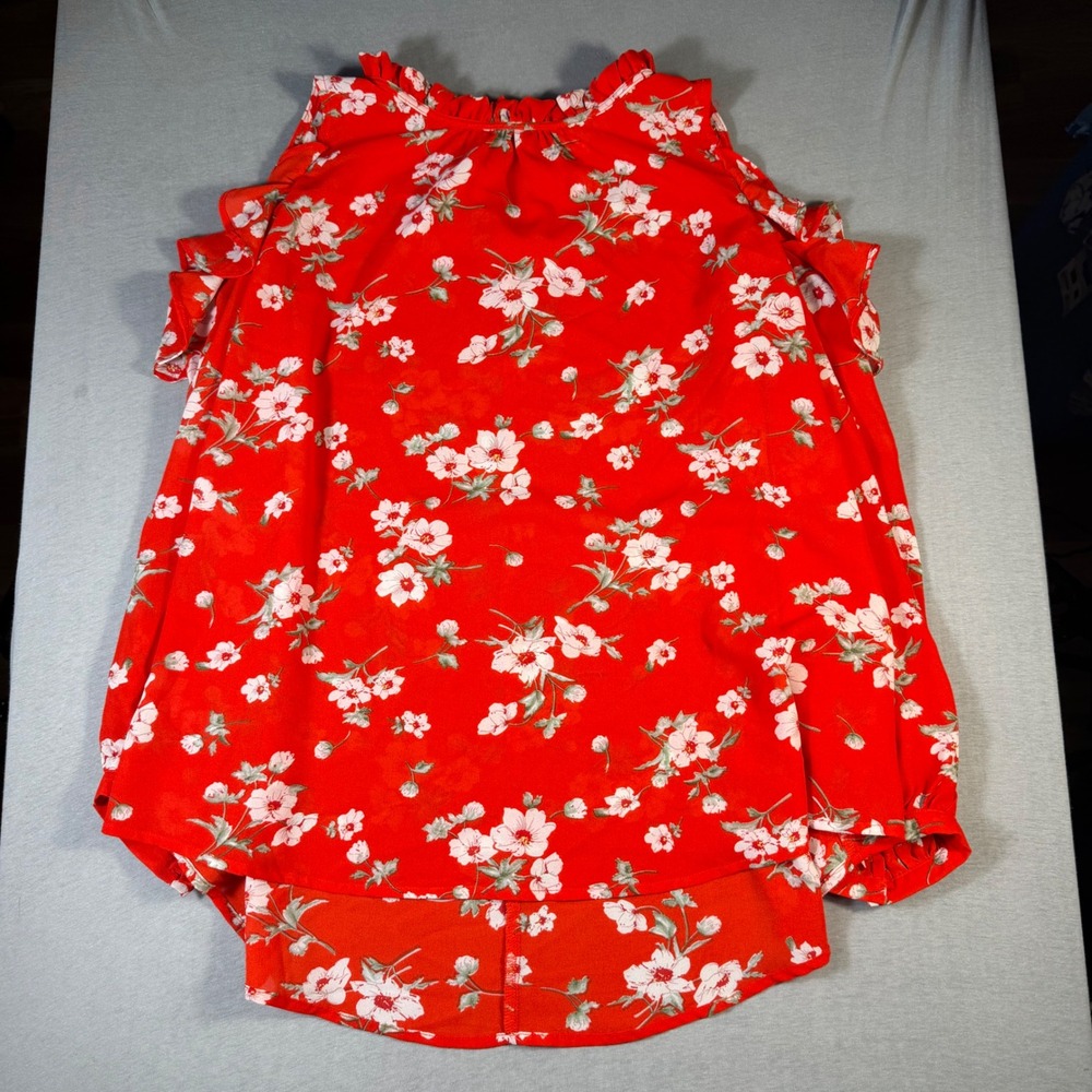 Umgee USA Red Floral Cold Shoulder Ruffle Mock Neck Blouse Top Large boho